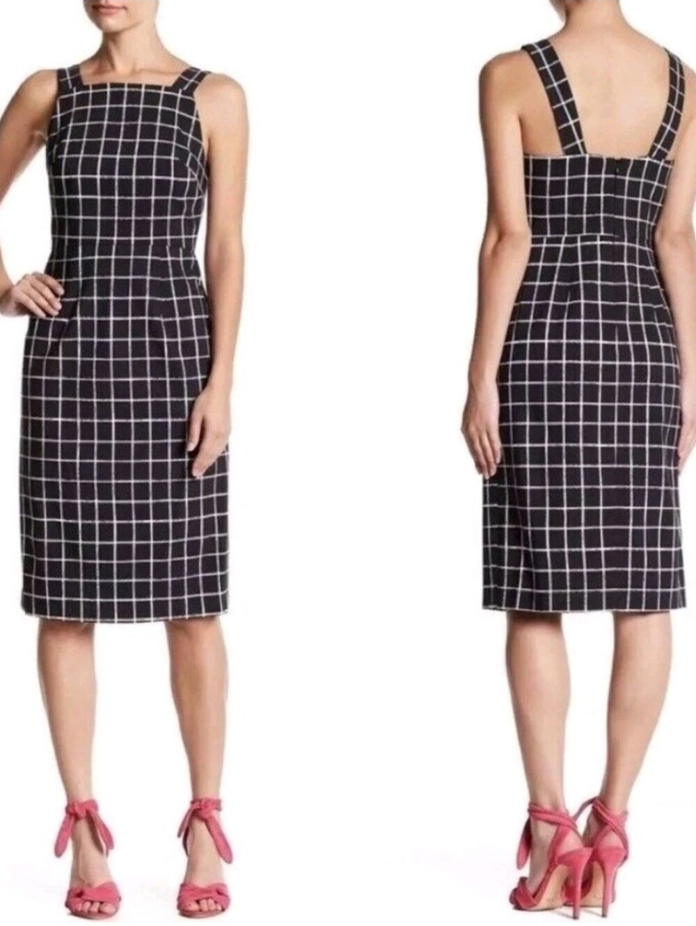 Betsey Johnson Dress Black White Windowpane 14 Midi Sleeveless